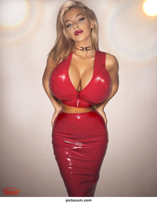 Huge-titted blonde bimbo in red latex