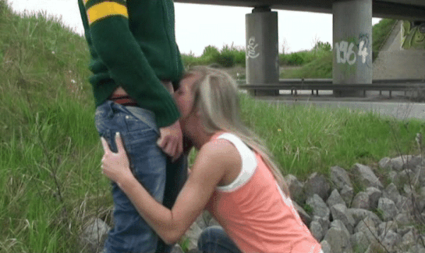 Blonde gives enthusiastic blowjob on the side of the interstate