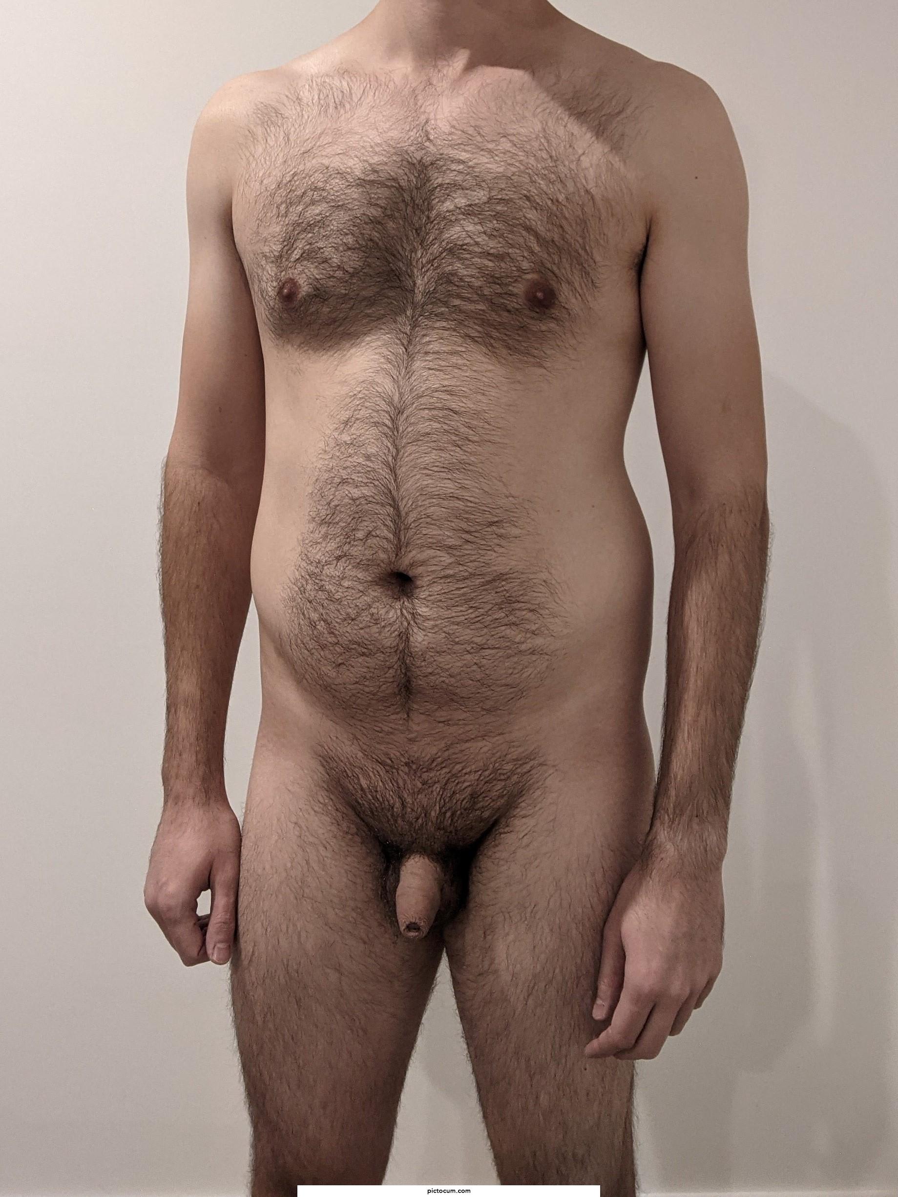 M, 30s. Lots of hair, a small penis and all. Since they never show bodies like mine in movies or on TV... here is mine :)