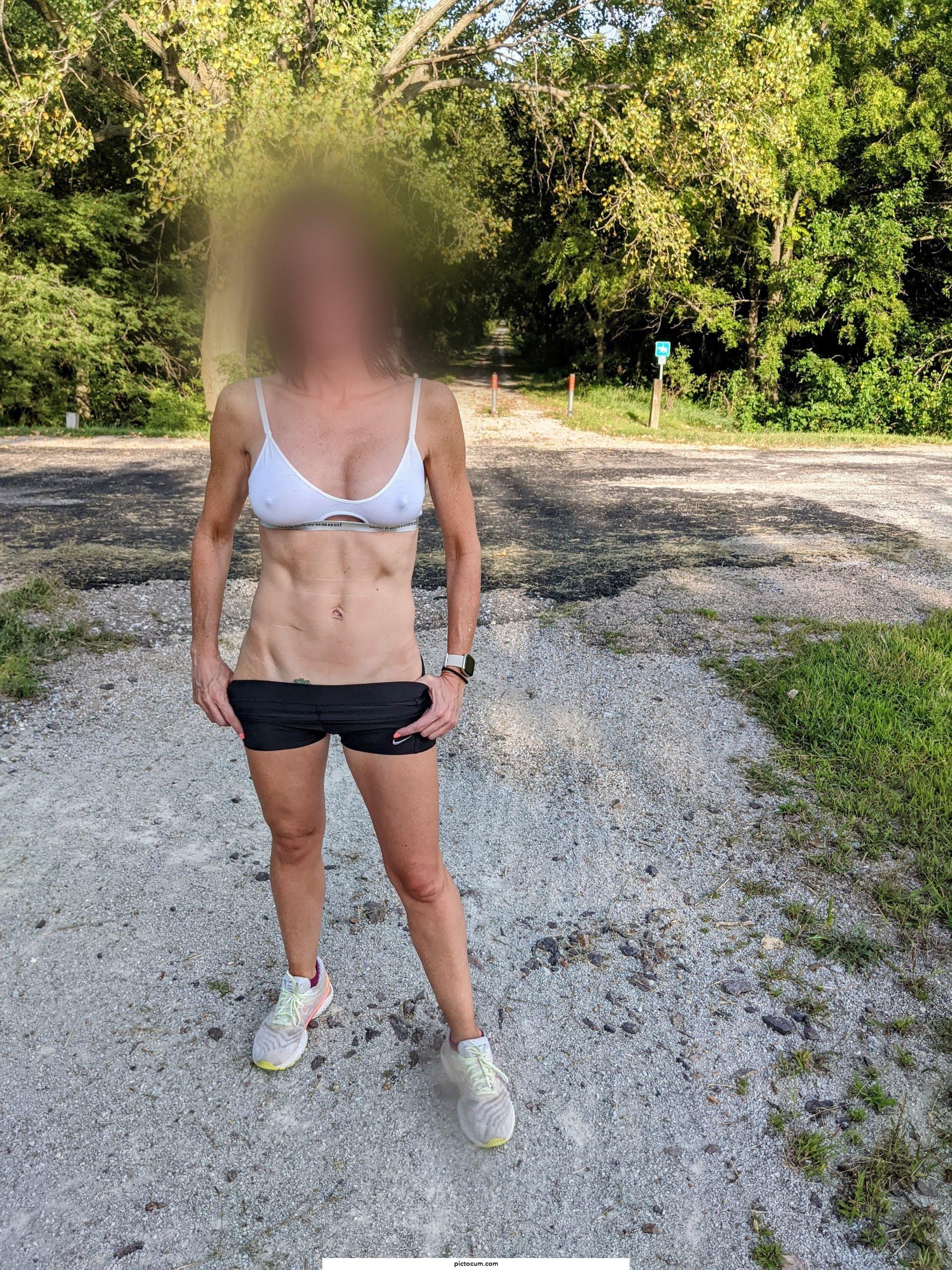 Wife wore her thin sports bra on the local running trail, would she get your attention?