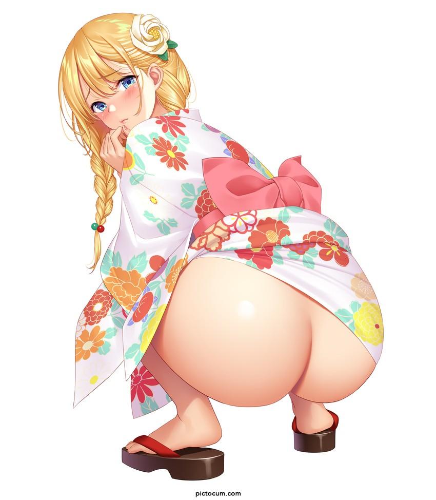 Hiding booty under her kimono