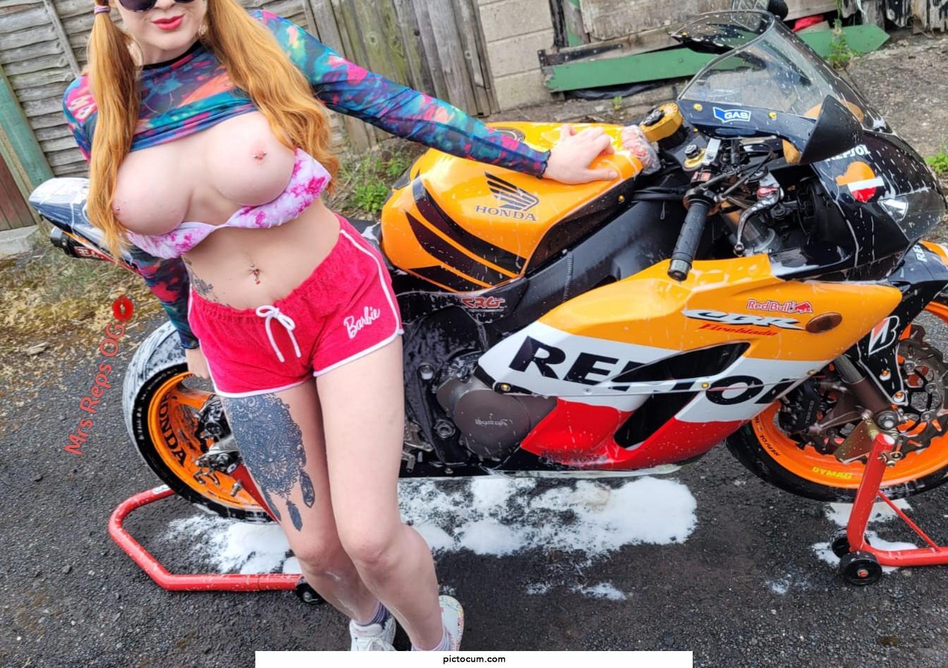 Being a good girl and washing the bike, with my tits out