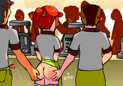 Slapping her ass behind the counter