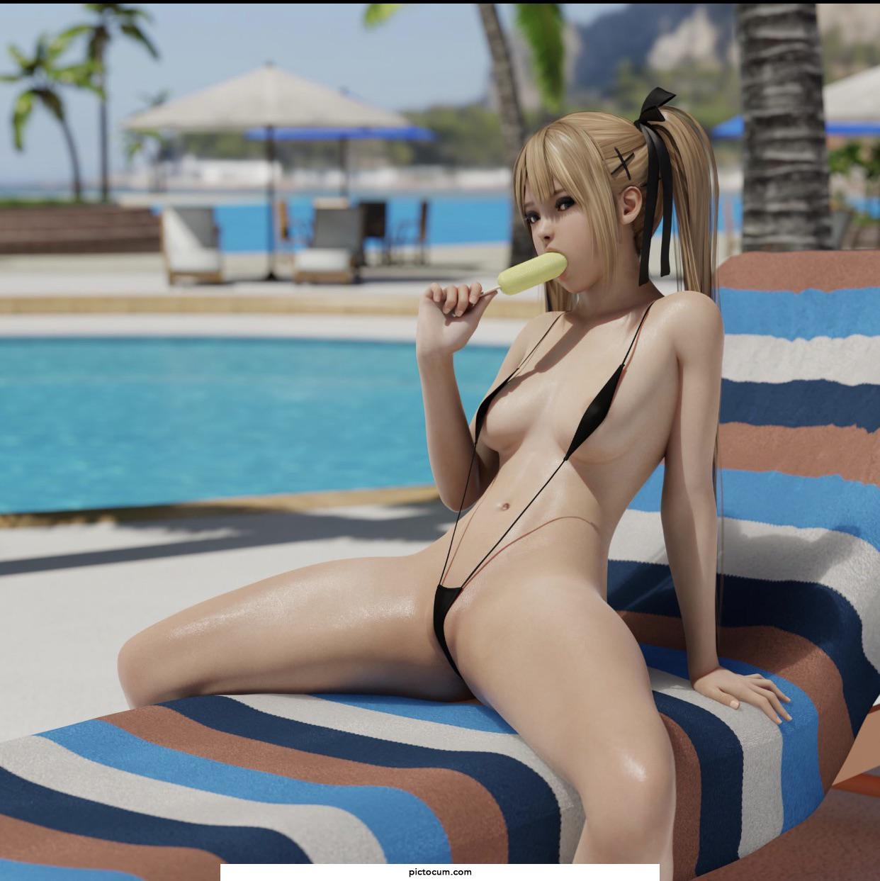 Hot girl chilling at the beach in micro bikini. The best sort . Idk the artist