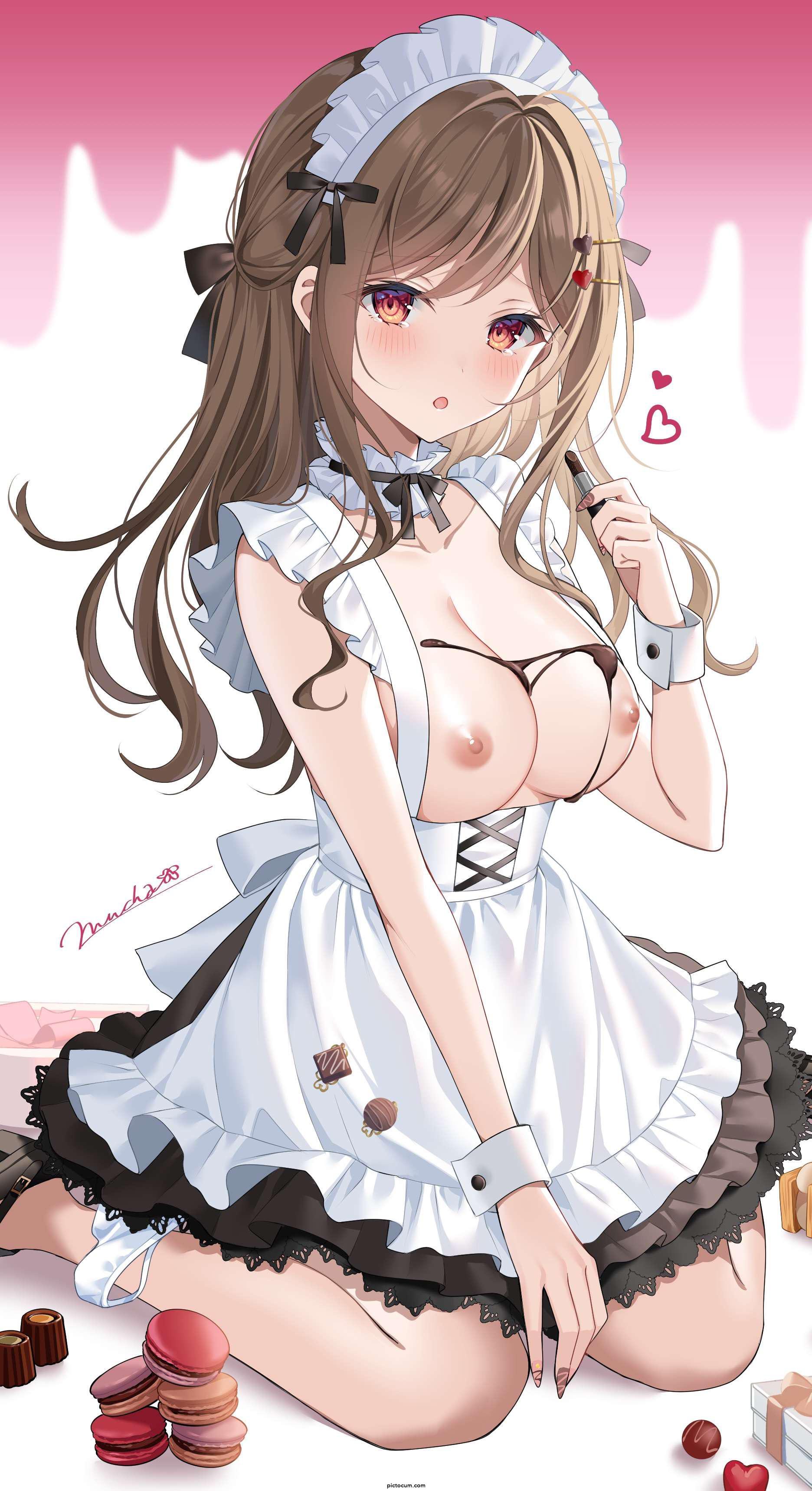 Maid girl made a chocolate mess on her tits