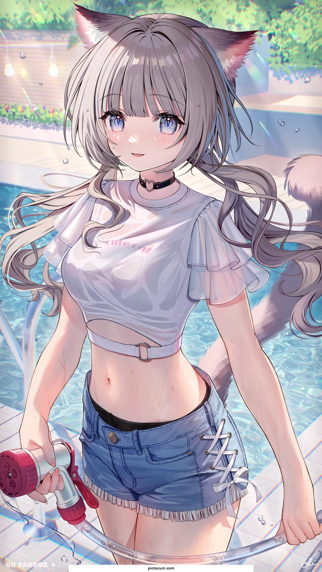 Cat girl by the pool